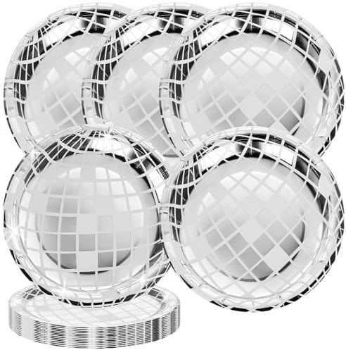 Ehuixinsheng 25Pcs Disposable Disco Ball Plates,70s Disco 7 Paper Plate Silver Foil for Dinner Plate Party Papers Wedding Birthday Plates,Paper Tableware for Rock Roll Dance Music Party Supplies