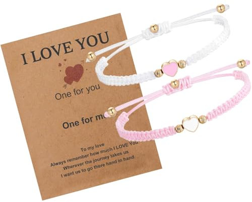 2Pcs Heart Couple Handmade Cord Bracelet Friendship Bracelet Best Friend Long Distance Matching Bracelets Rope Gift for Boyfriend Girlfriend Sister Kids Lovers Birthday Valentine's Day, Pink and White