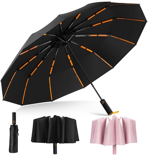 ToKinCen Schutz Regenschirm winddicht und regenfest 12 Schenkel Automatikschirm kompakt und stabil für Damen und Herren perfekt für Unterwegs Schwarz