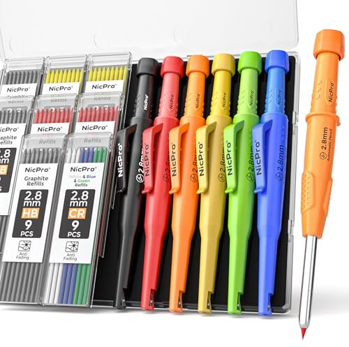 Nicpro 6 pièces CP3000 crayons chantier avec taille-crayon, porte mine avec 78 recharges, crayon charpentier robuste, outils de charpentier pour marquage architectural