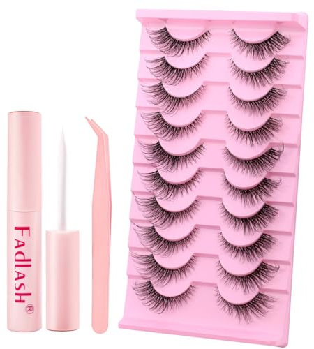Fadlash Kit Pestañas Postizas 10 Pares Volumen Pestañas Rusas 3d Pestañas Postizas Suave Natural Pestañas Postizas Reutilizables para Diy en Casa Con Pegamento,Pinzas(BY003)
