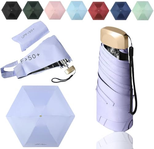 Tirimbeles® Paraguas Plegable Mini | Mini Paraguas Plegable de Viaje Compacto y Ligero | Sombrilla Plegable Protección UV 50+ | Funda de Tela | Ideal para Lluvia y Sol en Viajes o Vacaciones (Lila)