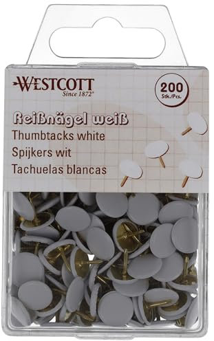 Westcott Reißnägel Weiss 200 Stück | Vorteilspack Reißzwecken mit Kunststoffüberzug | Kopfdurchmesser 10mm | E-10590 00