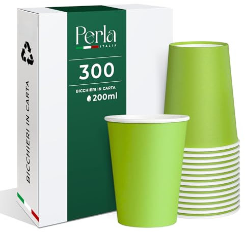 Perla - 300 Bicchieri in Carta da 200ml Ecologici Biodegradabili Monouso - Adatto per Bevande Fredde e Calde - Prodotto e confezionato in Italia - Made in Italy (Verde)