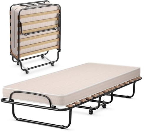 LIFEZEAL Klappbett, Klappbares Gästebett im Metallrahmen, Faltbares Einzelbett mit Matratze aus Memory Foam, Erwachsene Metallbett auf 4 Rädern (Beige, 190 x 80 x 33 cm)