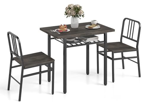 COSTWAY 3 Piece Dining Table Set, Rectangular Breakfast Kitchen Table and Chairs with Storage Rack, Metal Legs & Adjustable Foot Pads, Space Saving Counter Dining Room Set (Gray + Black)