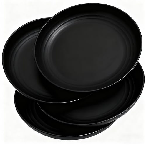 GZTFPQ Speiseteller 4er Set Schwarz, BPA-frei & Bruchfest, Wiederverwendbare Leichte Teller, Mikrowellen- & Spülmaschinenfest, für Picknick, Camping & Haushalt