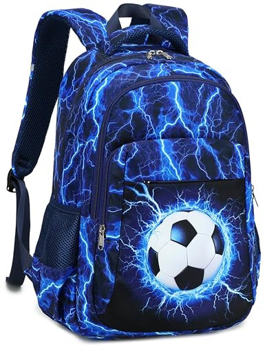 LEDAOU Schulrucksack, Teenager, Jungen, Mädchen, Kinder, Büchertasche, Grundschultasche, für 8–14 Jahre, Fußballblau, Rucksack für Jungen