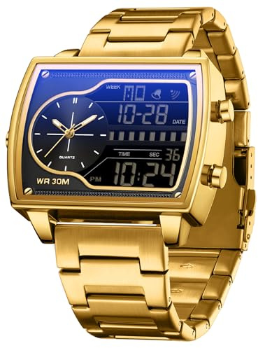 findtime Herrenuhr Rechteckig Retro Luxuriöse Armbanduhr Herren Digital Analog Quarz Klassische Business Leger DREI Zeitzone Wasserdicht Beleuchted Große Zifferblatt für Männer Gold