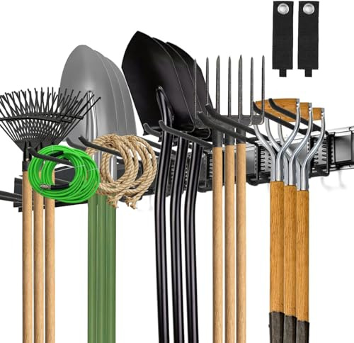 Wandhalterung Gartengeräte, 48 Zoll Metall Gartengerätehalter, Gerätehalter | 9 Verstellbaren Haken, 3 Schienen, Besenhalterung Wand, Tool Organizer Wandhalterung für Besen, Schaufel, Gartengeräte