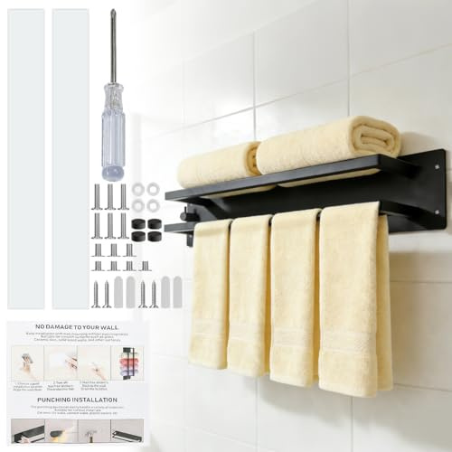 Vunanvu Gästehandtuchhalter Ohne Bohren Edelstahl Handtuchhalter Wand Schwarz Selbstklebend Gerollter Handtuchregal Badezimmer Handtuch Aufbewahrung Bad Flexibler für Gäste WC Hotel Sauna 40cm
