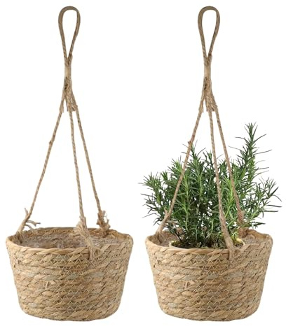 2 Stk Blumentopf Hängend Seegras Blumenampel Pflanzkübel Handgewebter 20 cm | Pflanzenkorb Boho Natürlicher Hängetopf Korb Pflanzkorb Hängeampel Pflanzenampel für Innen oder Outdoor