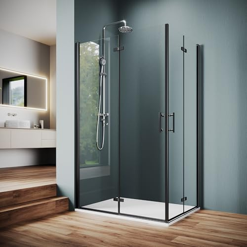 SUNXURY Cabine de douche - Entrée d'angle - Noir - 90 x 120 cm - Double porte battante - En verre nano ESG de 6 mm - Entièrement pliable à 180° - Sans cadre - Sans barrière - Hauteur : 195 cm