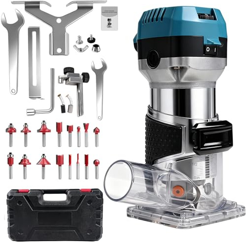 Träfräs 1000W enhandsfräs kantfräs frästrimmer, 6 variabla hastigheter, multifunktionsfräs med 16-delars frässats och verktygsväska, spännhylsdiameter 6,35 och 8 mm