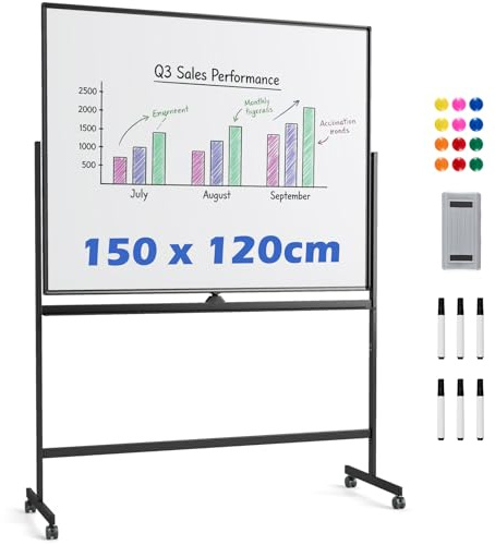 COSTWAY Doppelseitiges mobiles Whiteboard, 150 x 120 cm, höhenverstellbares magnetisches Whiteboard mit Rollen, Ständer und Stiftablage, inkl. Zubehör für Schule, Büro, Zuhause (Schwarz)