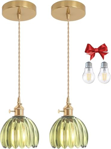 Bravsekai Green Tulip Glass Pendant Light, Natural Light Bulbs Included, Adjustable Cord with Switch, Suitable for Kitchen Island/Dining Room 2 pcs