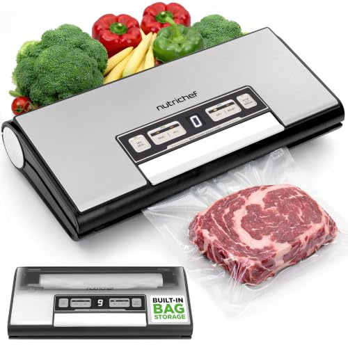 NutriChef Vacuum Sealer Machine 80 kPa, Food Vacuum Sealer for Meal Prep & Sous Vide, Built-In Cutter, Bag Roll Storage, Dry & Moist Modes, Includes 1 Roll & 5 Bags