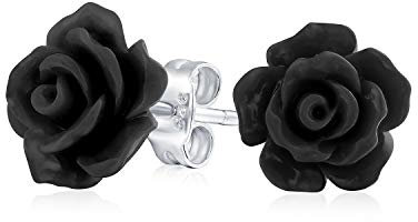 Boucles D'Oreilles Clous En Forme De Rose Noire Sculptée En 3D Florale Délicate Et Romantique Pour Femmes Et Adolescentes Pour Mère Avec Tige Plaquée Argent