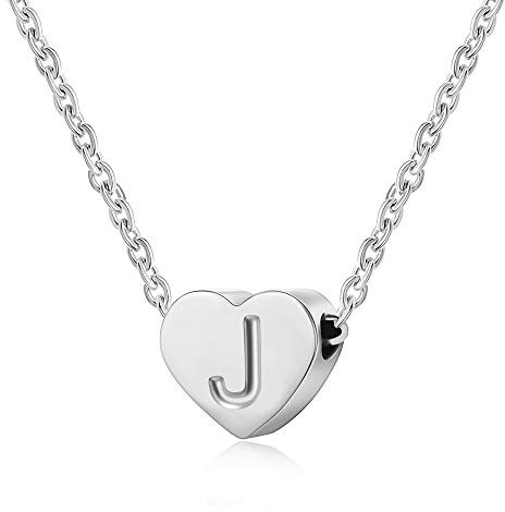 AFSTALR Heart Letter Initial Necklace for Women - Silver Girls Charm Pendant Personalized Kids Child Jewellry Gifts, Silver Letter J Necklace
