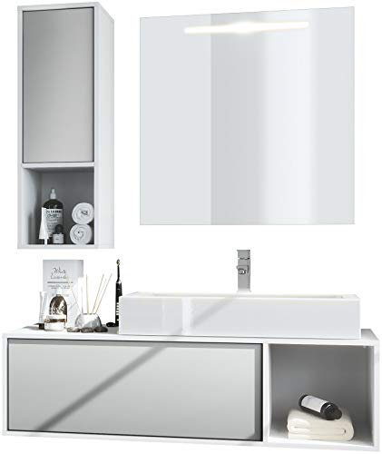 Vladon Conjunto de Muebles para baño La Costa, Cuerpo en Blanco Mate/Frentes en Gris Claro Satinado con Lavabo, grifería y Espejo LED