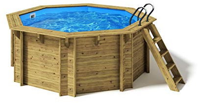 Paradies Pool® Holzpool Kalea Komplettset inkl. Sandfilteranlage, Pumpenhaus, Edelstahlleiter Tiefbecken, Blaue Folie mit 0,8mm Stärke, Achteck-Pool, 354 x 118 (Ø x H), Menge: 1 Stück