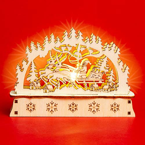 SIKORA LB-MINI Mini Schwibbogen aus Holz mit LED Beleuchtung - Farbe:Motiv Weihnachtsmann mit Rentierschlitten
