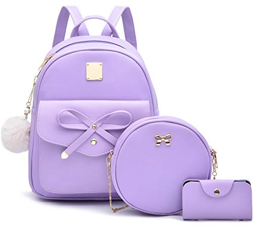 I IHAYNER Fahsion - Zaino da donna in pelle, 3 pezzi, con fiocco, da donna, viola, M, zaino