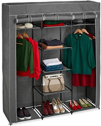 Relaxdays Stoffschrank mit Kleiderstange & 9 Ablagen, HxBxT: 172x147x43cm, Kleiderschrank mit Reißverschluss, anthrazit