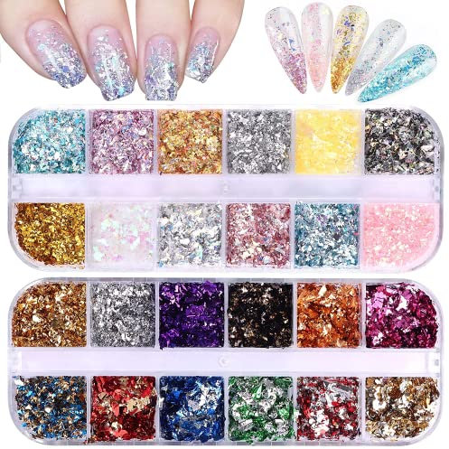 EBANKU 2 Boxen Holographic Nail Art Foil Flakes Nagel Pailletten Glitzer Gold Silber Unregelmäßige Paillette, Bunte Konfetti Spiegeleffekt Acryl Flocken Folie, DIY Nail Art Dekoration Glänzende Flocke