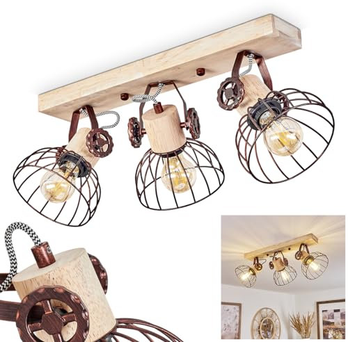 Deckenleuchte Orny, Deckenlampe im Vintage-Design aus Holz/Metall in Natur/Rostfarben m. Schirmen in Gitter-Optik und Holzbalken, Textilkabeln u. verstellbaren Strahlern, 3 x E27, ohne Leuchtmittel