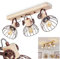 Deckenleuchte Orny, Deckenlampe im Vintage-Design aus Holz/Metall in Natur/Rostfarben m. Schirmen in Gitter-Optik und Holzbalken, Textilkabeln u. verstellbaren Strahlern, 3 x E27, ohne Leuchtmittel