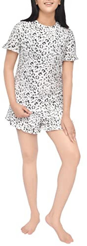 Sleepdown Donna Pigiama Volant su Tutta la Stampa Animalier 2 Pezzi T-Shirt a Maniche Corte e Set Corto Casual Abbigliamento da Notte, Grigio Leopardato, XL