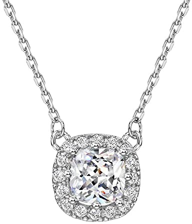 Michooyel Sterlingsilber-Halskette mit kubischem Zirkonia für Damen, Prinzessinnenschliff-Halo-Anhänger-Halskette für Mädchen, 40–45 cm