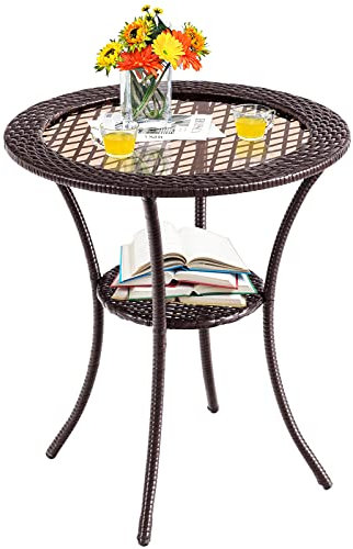 GIANTEX Rattan Bistrotisch Gartentisch, Balkontisch rund Couchtisch 2 Ebenen, Glastisch Terrassentisch Vintage-Stil, Kaffeetisch Stehtisch Bartisch Sofatisch Tischchen braun, 64x64x71,5 cm
