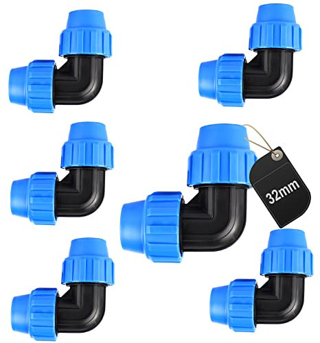 SWAWIS PP-Fitting Verschraubung für PE Rohr 32mm PE Rohr Verschraubung Winkel 90° Kunststoff PP Kupplung Blau, 6 Stück