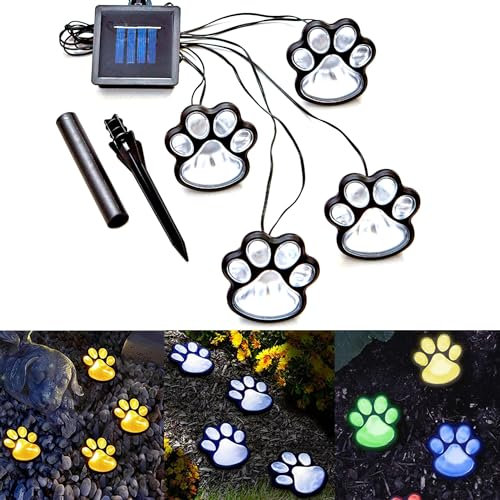 Solar Pfotenabdruck Lichter 4er Set, Hund Katze Tier Pfote Solar Lichterkette Außen Garten Dekoration für Terrasse Hof Gehweg Weg Rasen, Bestes Geschenk für Tierliebhaber, IP65 Wasserdicht, 85cm,