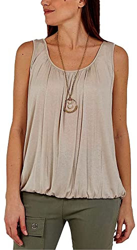 Want Clothing Ladies Jersey Sleeveless Bubble Vest Top with Necklace | Black Coral Blue Fuchsia Grey Khaki Nude Red (S-M, Stone)