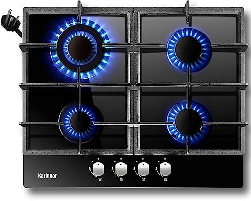 Karinear Gas Hob, Plug-in Gas Hobs 4 Burners Cooktops, Gas Hob 60cm Glass LPG/NG with Thermocouple Protection