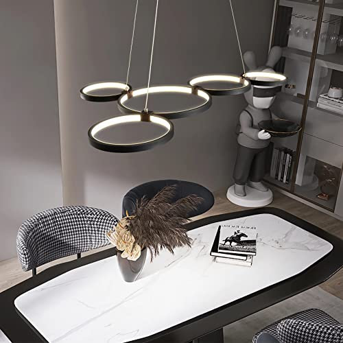 dimmbare Modern LED Pendelleuchte Rund Design Hängeleuchte Wohnzimmer Esszimmer Kronleuchter Schlafzimmer Leuchte Küche Esstisch Hängelampe Büro Beleuchtung Licht (Schwarz, 5-Ringe)