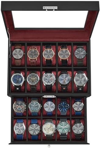 SONGMICS Uhrenbox mit 20 Fächern, Uhrengehäuse mit Glasdeckel, 2 Schichten, abschließbare Uhrenvitrine, schwarzes Kunstleder, weinrotes Futter UJWB020R01