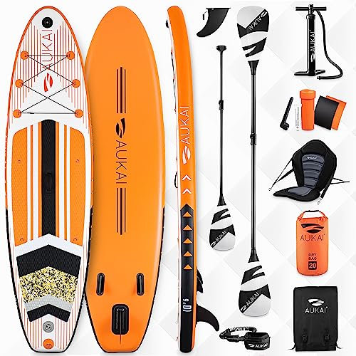 AUKAI SUP Board PRO | Aufblasbares Stand up Paddle Set | 320cm viele Modelle | 5 Jahre Garantie | inkl. Sonderzubehör | 2in1 Paddel Kajak-Sitz Action-Cam-Halterung Fußschlaufe Pumpe Rucksack (Orange)