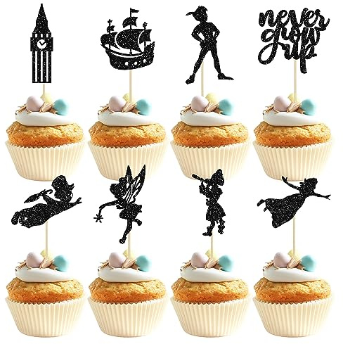 Gyufise 24 Pack Never Grow Up Cupcake Toppers Star Glitter Neverland P Pan Cupcake Picks Night Fairy Tales Elf Girl Cake Decorations for Baby Shower Birthday Party Supplies Black
