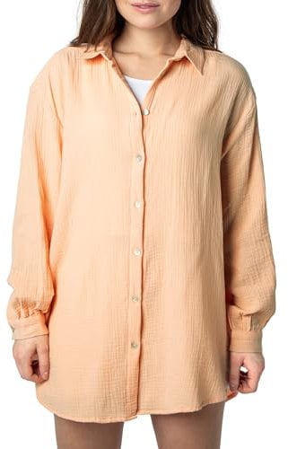 Sublevel Langarm Musselin Bluse mit Kentkragen - Damen Muselin Oversize Bluse, Baumwolle, Knopfleiste in verschienden Farben orange M/L