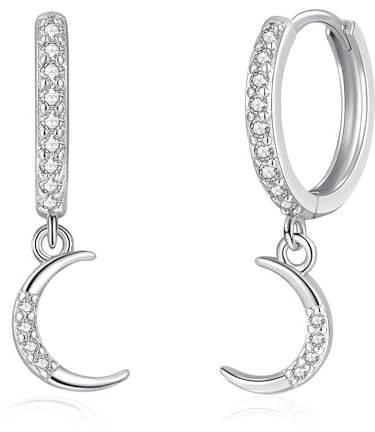 Loutade 925 Sterling Silber Creolen Mit Anhänger - Ohrringe Mit Mond/Stern Hängend, Hypoallergen Süße Klein Knorpel Schlafen Creolen für Damen Mädchen