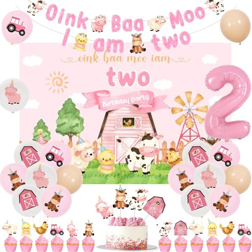 Farm 2nd Birthday Decorations for Girl - Oink Baa Moo Im Two Backdrop, Banner, Farm Animal Cake Topper, Cupcake Toppers, Balloons, Pink Farm Moo Moo I Am Two Barnyard Birthday Party Supplies