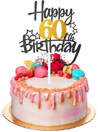 1 Stück Happy 60th Birthday Kuchen Topper,Tortendeko 60 Geburtstag,Tortendeko Schwarz Gold 60th,Glitzer Prost auf 60 Jahre Geburtstag Kuchen Deko,60 Jahre Cupcake Toppers,für 60 Geburtstag Party