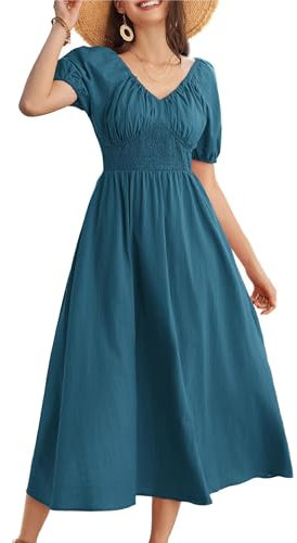 Short Sleeve Midi Summer Dresses for Ladies A-Line Puff Sleeve Smock Ruched Flowy High Waist Swing Plus Size Maternity Dress XXL Dark Blue