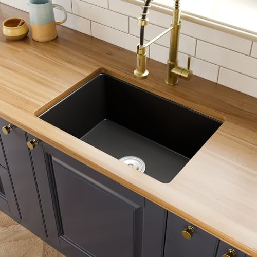 Lussena® 680 x 480mm Ceramic Belfast Kitchen Sink Undermount Rectangular Matt Black Single Bowl 1.0 Basin Free Basket Strainer Waste