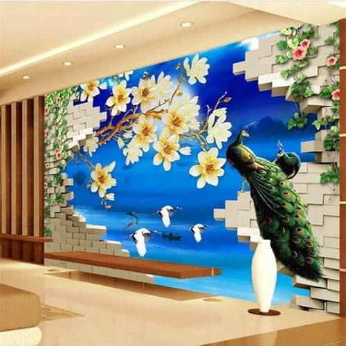 LUXINSHISU Selbstklebende PVC Fototapete 3d Wohnzimmer Tapete Ziegelwand Pfau Blumen TV Hintergrund Wand Schlafzimmer Wand Kunst Aufkleber