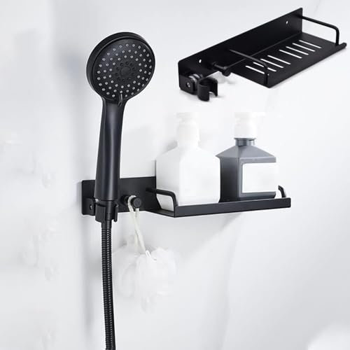 VICTOVA Estante de Ducha Negro Sin Taladrar con Soporte para Alcachofa y Bandeja de Silicona para Jabón, Organizador de Baño de Aluminio Resistente (NEGRO)